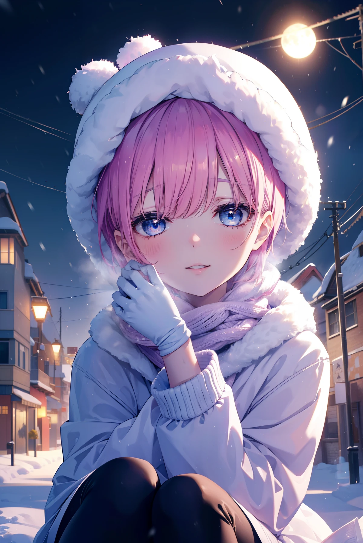 ichikanakano, ichika nakano, short hair, bangs, blue eyes, hair between eyes, pink hair,happy smile, smile, open your mouth,knit hat,Yellow coat,white scarf,white sweater,He wears fluffy gloves on both hands.,long skirt,black tights,short boots,It&#39;s snowing,snow is falling,winter,cold sky,moonlight,full moon,よる
break looking at viewer, whole body, Upper body,
break outdoors, In town,building street,
break (masterpiece:1.2), highest quality, High resolution, unity 8k wallpaper, (figure:0.8), (detailed and beautiful eyes:1.6), highly detailed face, perfect lighting, Very detailed CG, (perfect hands, perfect anatomy),