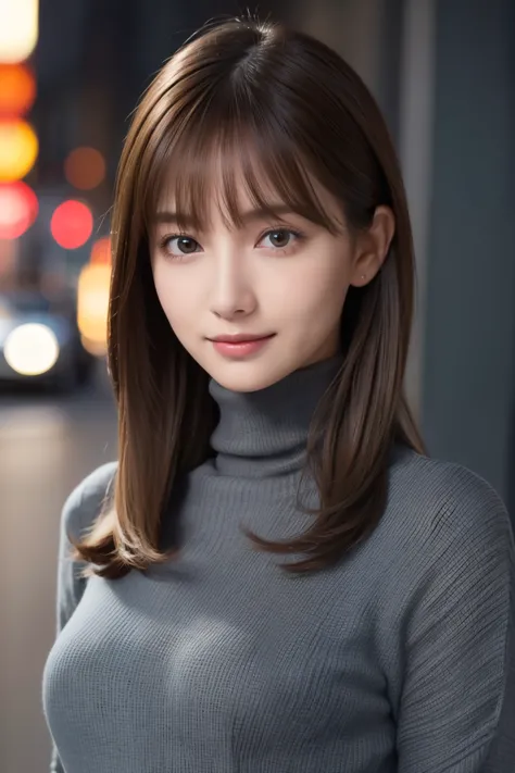 one 19 year old girl, (Dark gray turtleneck thin sweater), Raw photo, highest quality, photorealistic, very delicate and beautif...