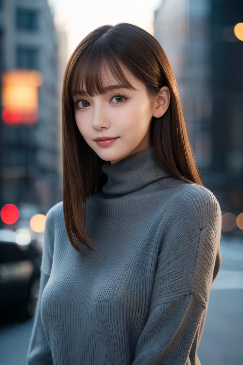 one 19 year old girl, (Dark gray turtleneck thin sweater), Raw photo, highest quality, photorealistic, very delicate and beautiful, very detailed, 8K wallpaper, High resolution, soft light, very detailed目と顔, beautifully detailed nose, detailed and beautiful eyes, cinematic lighting, night city lights, perfect anatomy, slender body, well-shaped chest, straight hair, smile, asymmetrical bangs, light brown hair