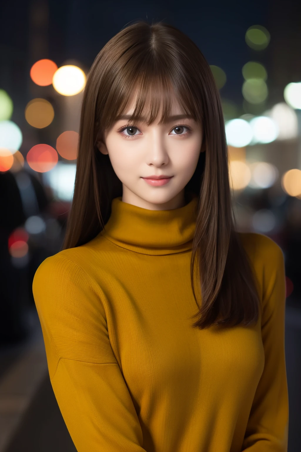 one 19 year old girl, (Dark yellow turtleneck thin sweater), Raw photo, highest quality, photorealistic, very delicate and beautiful, very detailed, 8K wallpaper, High resolution, soft light, very detailed目と顔, beautifully detailed nose, detailed and beautiful eyes, cinematic lighting, night city lights, perfect anatomy, slender body, well-shaped chest, straight hair, smile, asymmetrical bangs, light brown hair