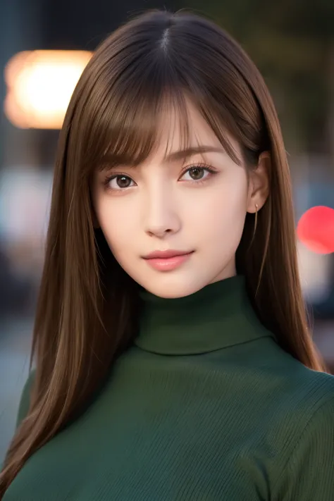 one 19 year old girl, (Dark green turtleneck thin sweater), Raw photo, highest quality, photorealistic, very delicate and beauti...