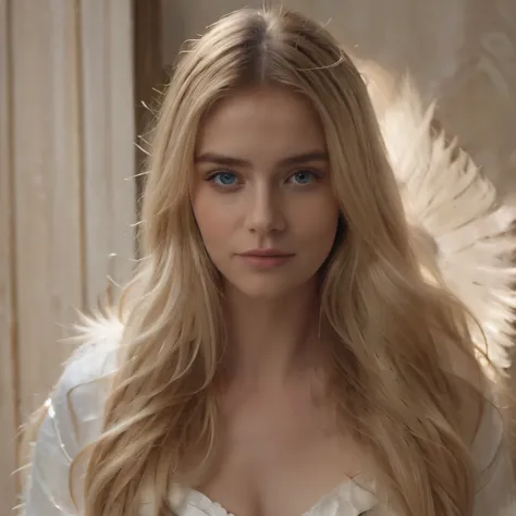 realistic photo, blonde with long hair wearing an angel costume