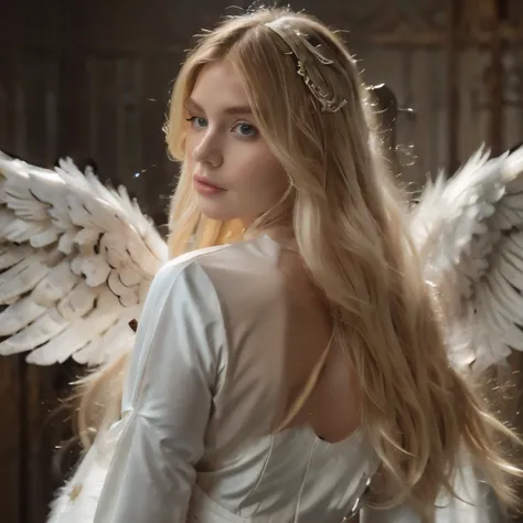 blonde with long hair wearing an angel costume with white wings on her back 