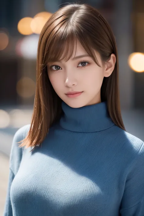 one 19 year old girl, (Light dark blue turtleneck sweater), Raw photo, highest quality, photorealistic, very delicate and beauti...