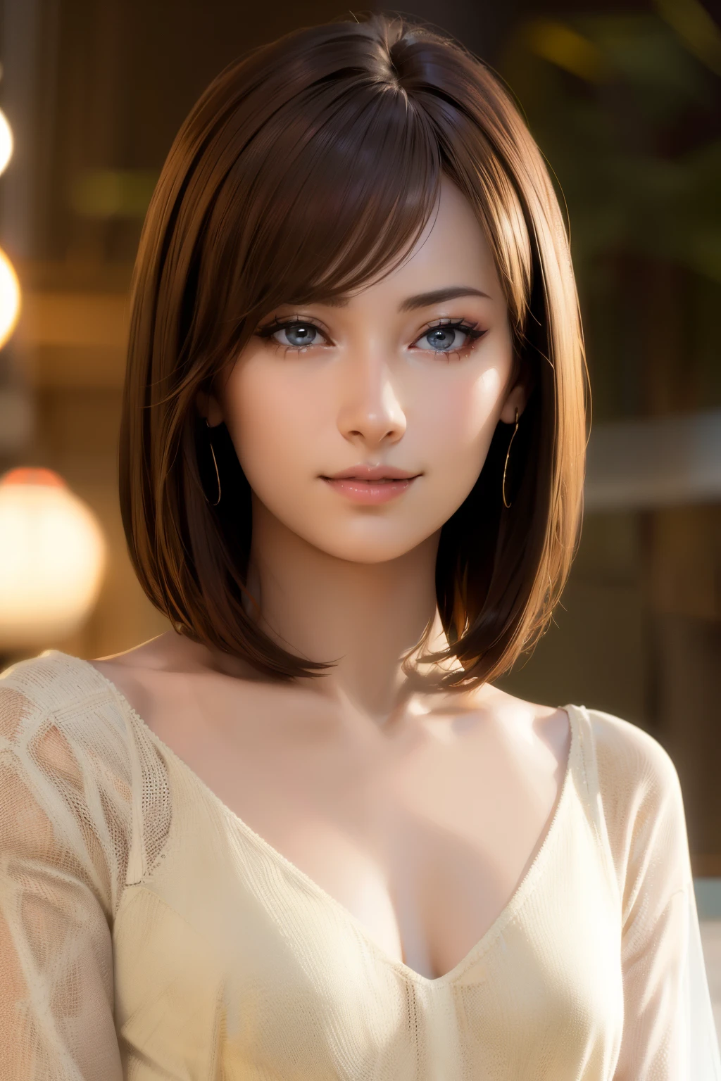 one 19 year old girl, (Light yellow V-neck sheer knit dress), (cleavage), Raw photo, highest quality, (photorealistic), very delicate and beautiful, very detailed, 8K wallpaper, High resolution, soft light, very detailed目と顔, beautifully detailed nose, detailed and beautiful eyes, cinematic lighting, night city lights, perfect anatomy, slender body, well-shaped chest, (straight hair), (short hair), (facing forward), (view audience), smile, asymmetrical bangs, light brown hair