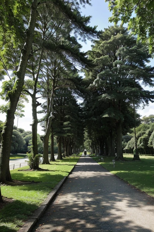 A pathway leading through a park with tall trees on either side under a clear sky, surrounded by lush greenery