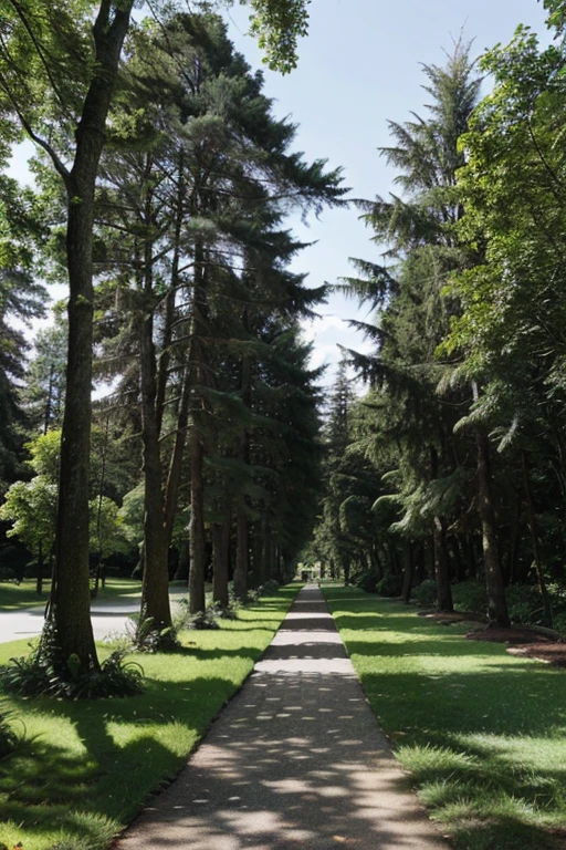 A pathway leading through a park with tall trees on either side under a clear sky, surrounded by lush greenery