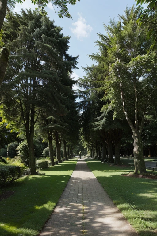 A pathway leading through a park with tall trees on either side under a clear sky, surrounded by lush greenery