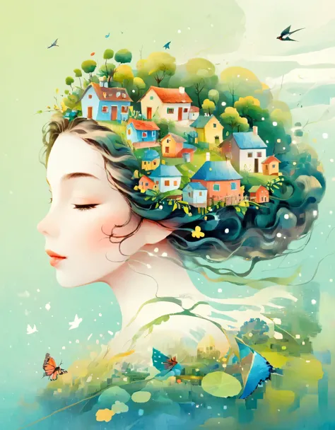 Digital Illustration Art, A comical illustration of a little girl's head adorned with many houses, trees, roots, swallows, etc.,...