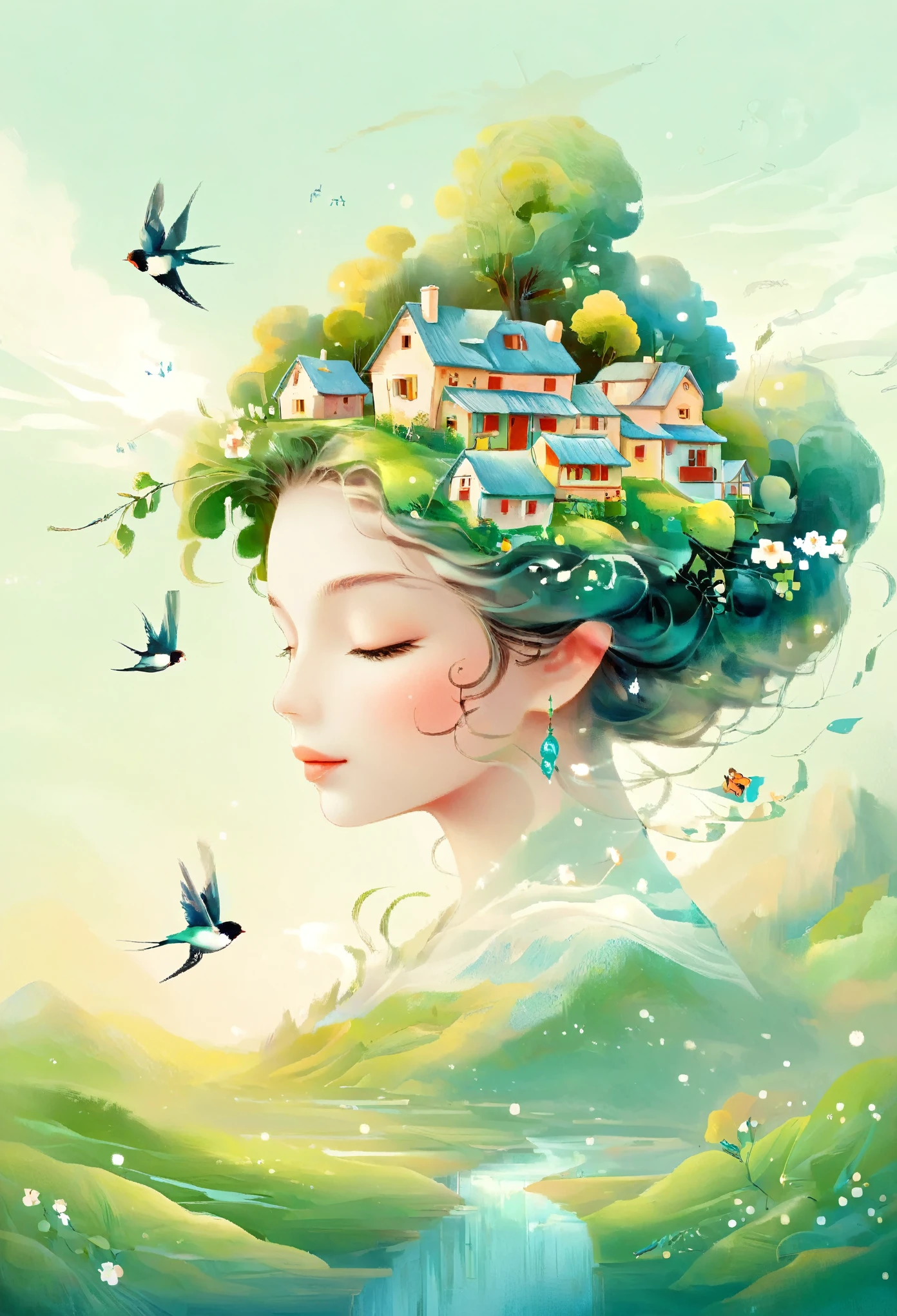 Digital illustration art, a comical illustration of a  adorned with many houses, trees, roots, a little swallow, etc. on her head. Her hair is composed of many houses and trees, and the background is green trees and hills (the background blends with the little girl's hair). Surrounded on both sides, it evokes the charm of a charming rural landscape. White background, the whimpering sound of Chinese calligraphy, vivid Ferdinand du Puigaudeau, Victor nizovtsev, retro tones, sparkling, reflective, best number, 8K, high-definition, high-resolution, dual exposure, beautiful digital illustrations,in style of Anna Dittmann, beautiful details