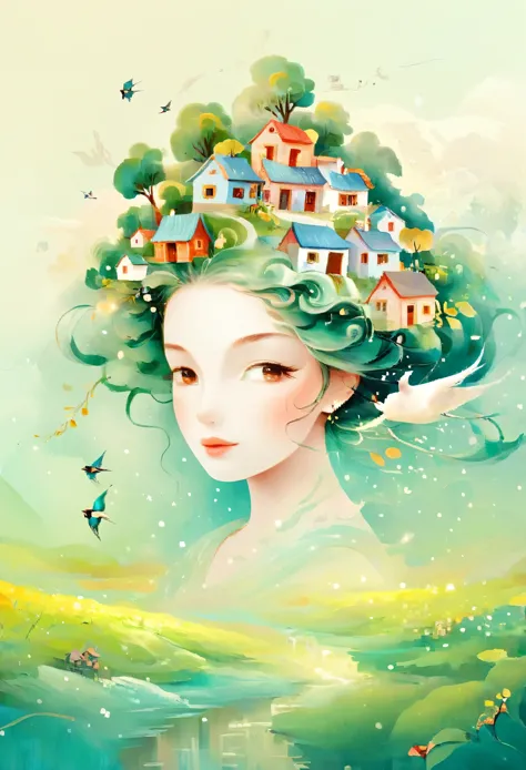 Digital illustration art, a comical illustration of a little girl adorned with many houses, trees, roots, a little swallow, etc....