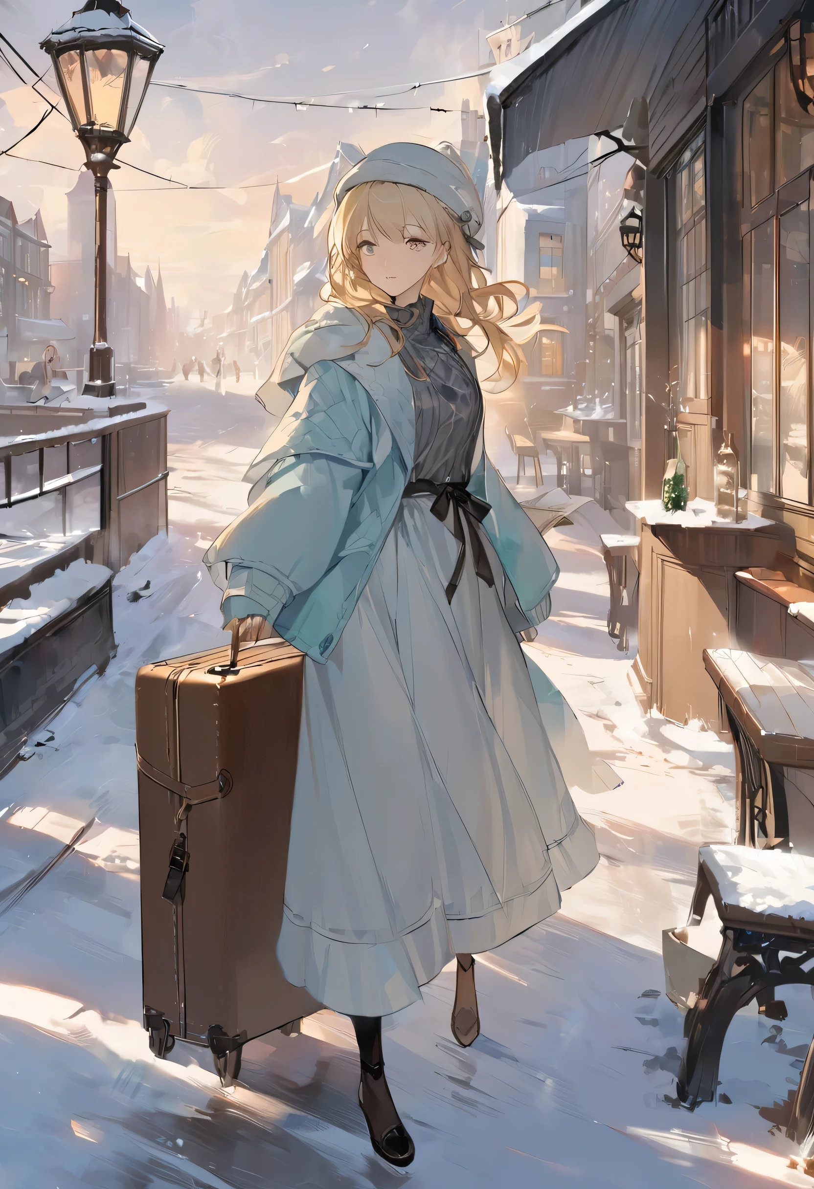 style from ufotable art, guweiz, Violet evergarden, relaxing concept art, guweiz-style artwork, sitting alone in a cafe, made in an anime studio artist, guweiz on artstation bangs, a girl with blonde hair in a winter hat holding a newspaper and a suitcase at her feet, cute, winter, city, cloudy, cold palette, bottom view, early 19th century, gray palette, girl standing alone, no sun