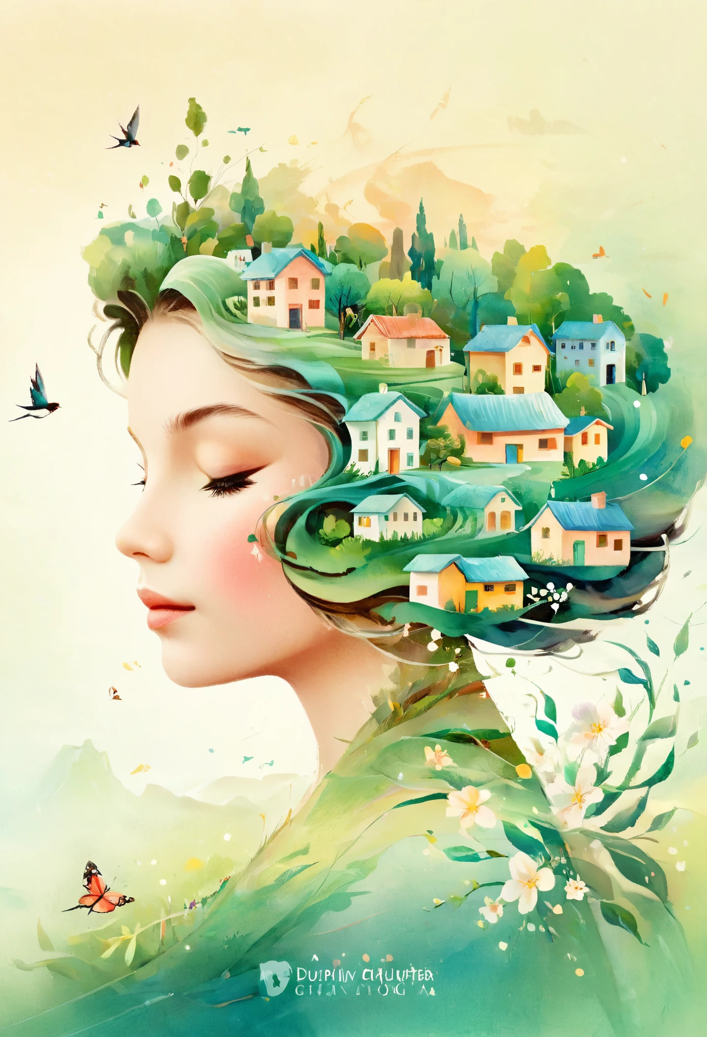 Digital Illustration Art, (Whimsical illustration of a little girl's head adorned with a lot of houses, trees, roots, swallows) with green trees and hills in the background, flanking, evoking the charm of a charming countryside landscape. The background blends with the little girl's hair and radiates serenity, creating a harmonious composition that captures the beauty of nature, white background, Chinese calligraphy whin brush lines, vivid Ferdinand du Puigaudeau, Victor nizovtsev, vintage tones, shimmering, luminescent, reflections, best number, 8K, HD, High Resolution.double exposure，illustration，Beautiful digital illustration, 