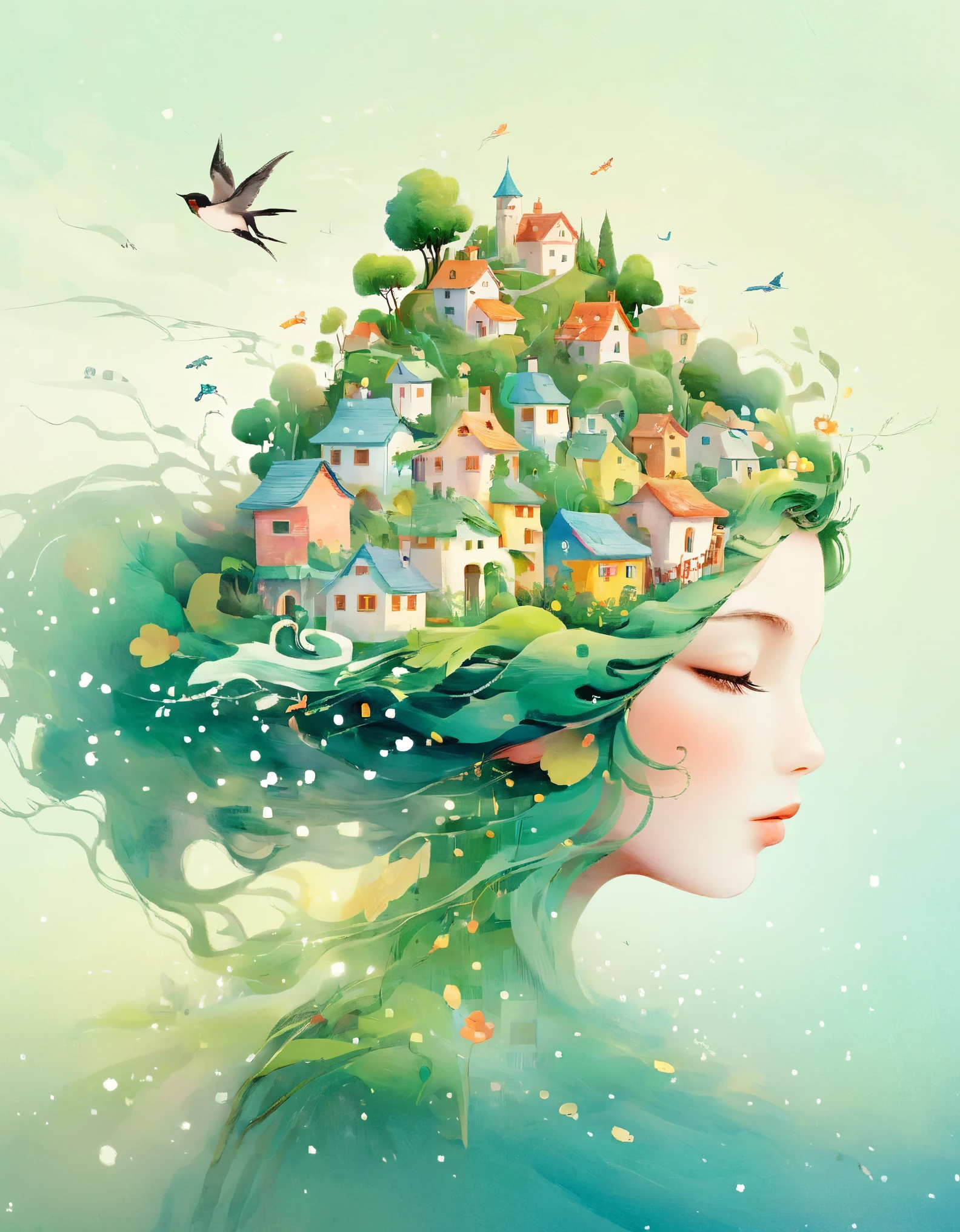 Digital Illustration Art, A comical illustration of a little girl's head adorned with many houses, trees, roots, swallows, etc., (front), her hair consists of many houses and trees, with green trees and hills in the background, (the background blends in with the little girl's hair), wrapped around on both sides, evokes the charm of an enchanting idyllic landscape, white background, Chinese calligraphy whimpering, vivid Ferdinand du Puigaudeau, Victor nizovtsev, vintage tones, shimmering, reflections, optimal digital, 8K, high-definition, high-resolution, double exposure, beautiful digital illustration, in style of Kelly McKernan, beautiful details