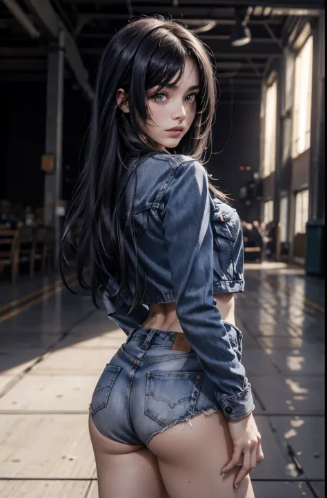 8k, (stand:1.3), slim and fit young girl, perfect medium breast, slim waist, long dark purple straight hair, a lock of hair hides the right eye, burn scar, burn mark on right side of face and body, very tight sexy denim outfit, short shorts, short jacket, ...
