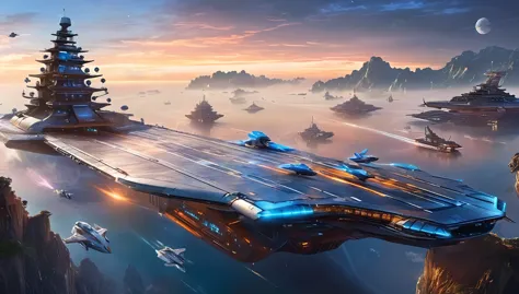 (large space carrier),(futuristic),(powered by advanced science and technology),(Stylish and majestic design),(floating quietly ...