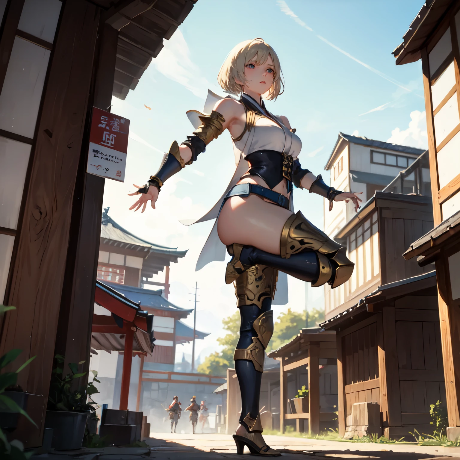 masterpiece, best quality, absurdres, perfect anatomy, 1girl, solo, Ashelia, short hair, blonde hair, (kunoichi), japanese armor, shoulder armor, standing, outdoors, japanese village, confident stance, dynamic angle, high kick