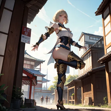 masterpiece, best quality, absurdres, perfect anatomy, 1girl, solo, ashelia, short hair, blonde hair, (kunoichi), japanese armor...