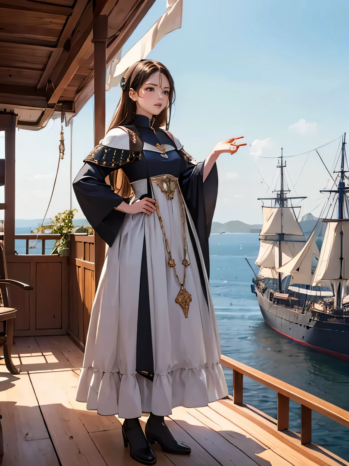 vestido aristocrático europeo medieval, en la cubierta de un barco durante la Era de los Descubrimientos en la Edad Media,
