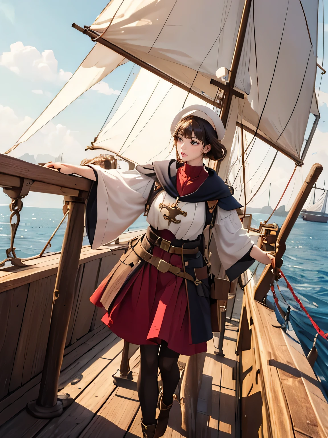 (medieval world), medieval European aristocratic dress, large galleon, on the deck of a medieval sailing ship during the Age of Discovery in the Middle Ages, sailors, a lot of cargo, 