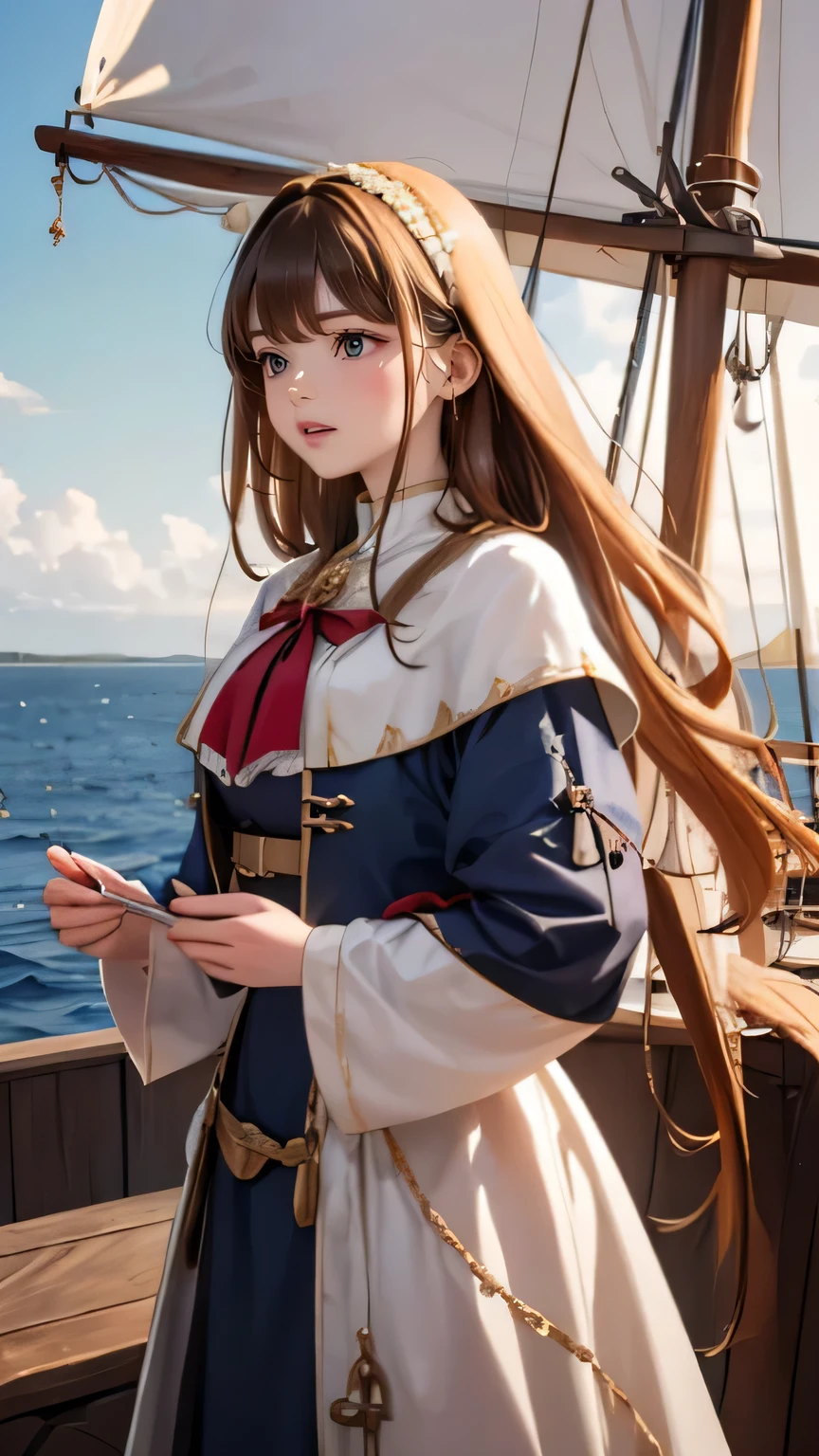 ((medieval world)), (noble's daughter, medieval European aristocratic dress), on the deck of a medieval large galleon during the Age of Discovery in the Middle Ages, sailors, a lot of cargo,