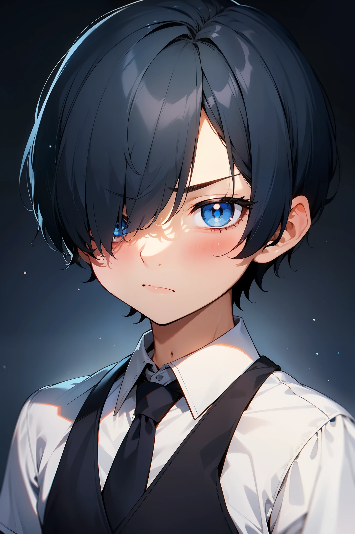 10 year old boy、asymmetrical bangs、Bangs covering the right eye、side short hair、dark blue short hair、dark blue hair、look up、，white shirt and black vest、black tie、dark blue eyes、dark blue hairHair over right eye、angry look、Front view、