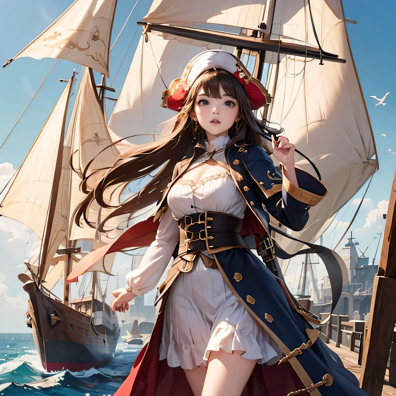 ((medieval world)), (noble's daughter who became a pirate, medieval European aristocratic dress), on the deck of a medieval large galleon that was made of woods during the Age of Discovery in the Middle Ages, windy, few sailors, a lot of cargo,