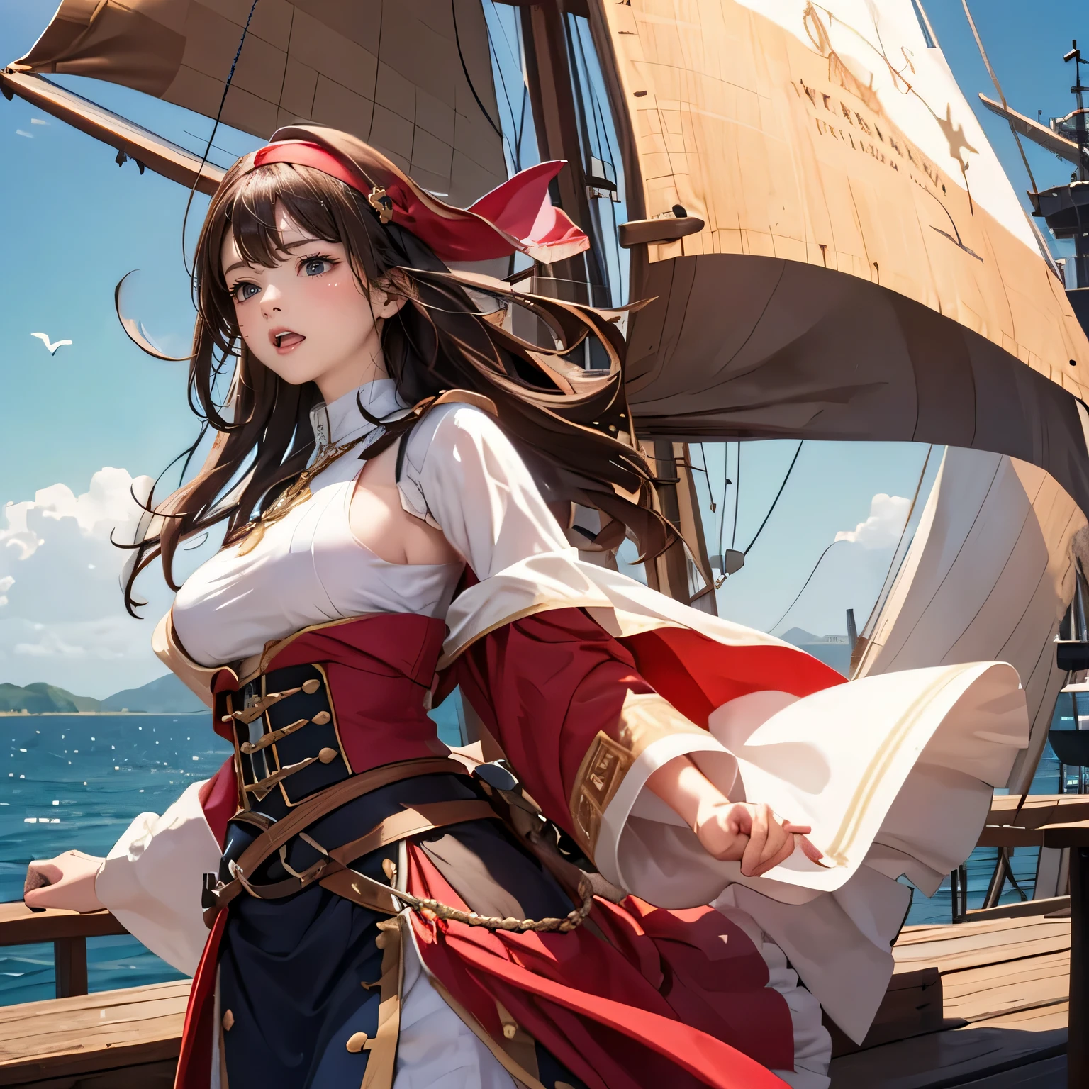 ((medieval world)), (noble's daughter who became a pirate, medieval European aristocratic dress, breasts), on the deck of a medieval large galleon that was made of woods during the Age of Discovery in the Middle Ages, windy, few sailors, a lot of cargo,