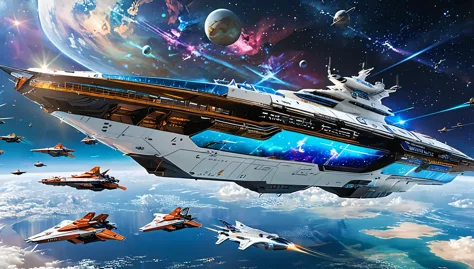 (large space carrier),(futuristic),(powered by advanced science and technology),(Stylish and majestic design),(floating quietly ...