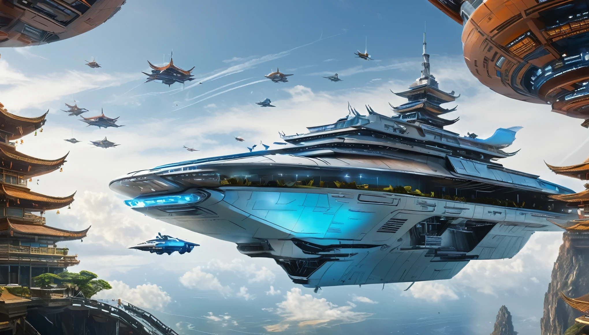 (large space carrier),(futuristic),(powered by advanced science and technology),(Stylish and majestic design),(floating quietly in space),(Use a huge engine to push it forward),(Level 6，with docking station),(Huge glass windows reveal the universe),(Surrounded by a protective force field),(Glows soft blue light),(There are complex laser cannons on the side),(Painted with Chinese symbol of strength and unity),(Accommodate a diverse crew from different cultures),(including engineers, Homes, and astronauts),(wearing futuristic uniforms),(Perform duties with precision and professionalism),(Busy command center with holographic displays and control panels),(Captain&#39;s cabin offers stunning starry views),(Spacious botanical garden，Planted with exotic plants from Earth and elsewhere),(Zero gravity simulation and martial arts training facility),(Medical room equipped with advanced treatment technology),(Relaxation area for crew to relax and socialize),(Virtual reality rooms bring immersive entertainment),(magnificent observation deck，Panoramic view),(Celestial bodies pass by in mesmerizing colors),(Create a sense of awe and wonder),(Capturing the essence of exploration and human creativity),(With eternal beauty that transcends national boundaries and cultures),(combine art, science and technology, and cosmic). (best quality, Super detailed),(actual),(high dynamic range),(bright colors),(sharp focus),(Physically based rendering:1.2),(masterpiece:1.1),(ultra high definition),(professional lighting),(Bokeh).