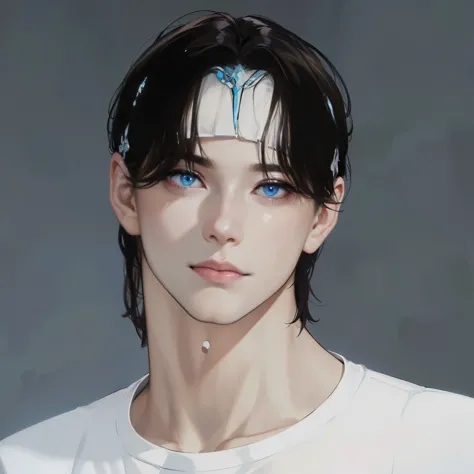 image arafée d&#39;un homme avec une chemise blanche et des cheveux noirs, inspired by Yanjun Cheng, délicat prince androgyne, o...