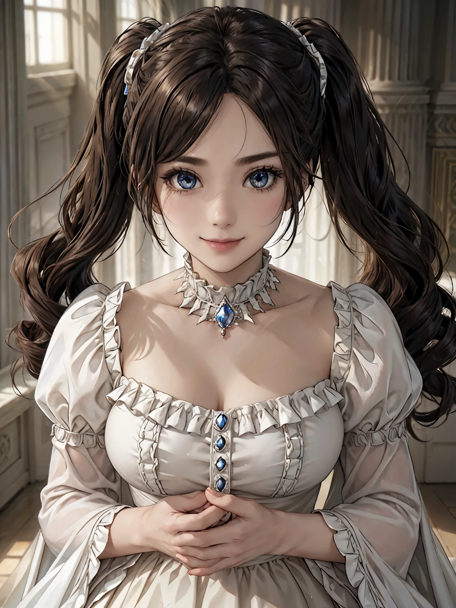 ((1 girl)), dramatic composition, court style dress up, royal, nice, カスケードfrills, frills, bow, crystal chandelier, Detailed round facial features,roman style curly hairstyle, to place, Ponytail like a drill, look at the camera, bangs, maximalism, palace background, Delicate depiction of hair and eyes, princess dress, nice skirts, flowers in hand, smile, starry eyes, cinematic light, extreme details, High resolution, Happy, very long hair, diamond, broken diamond, junction chip, particles of light