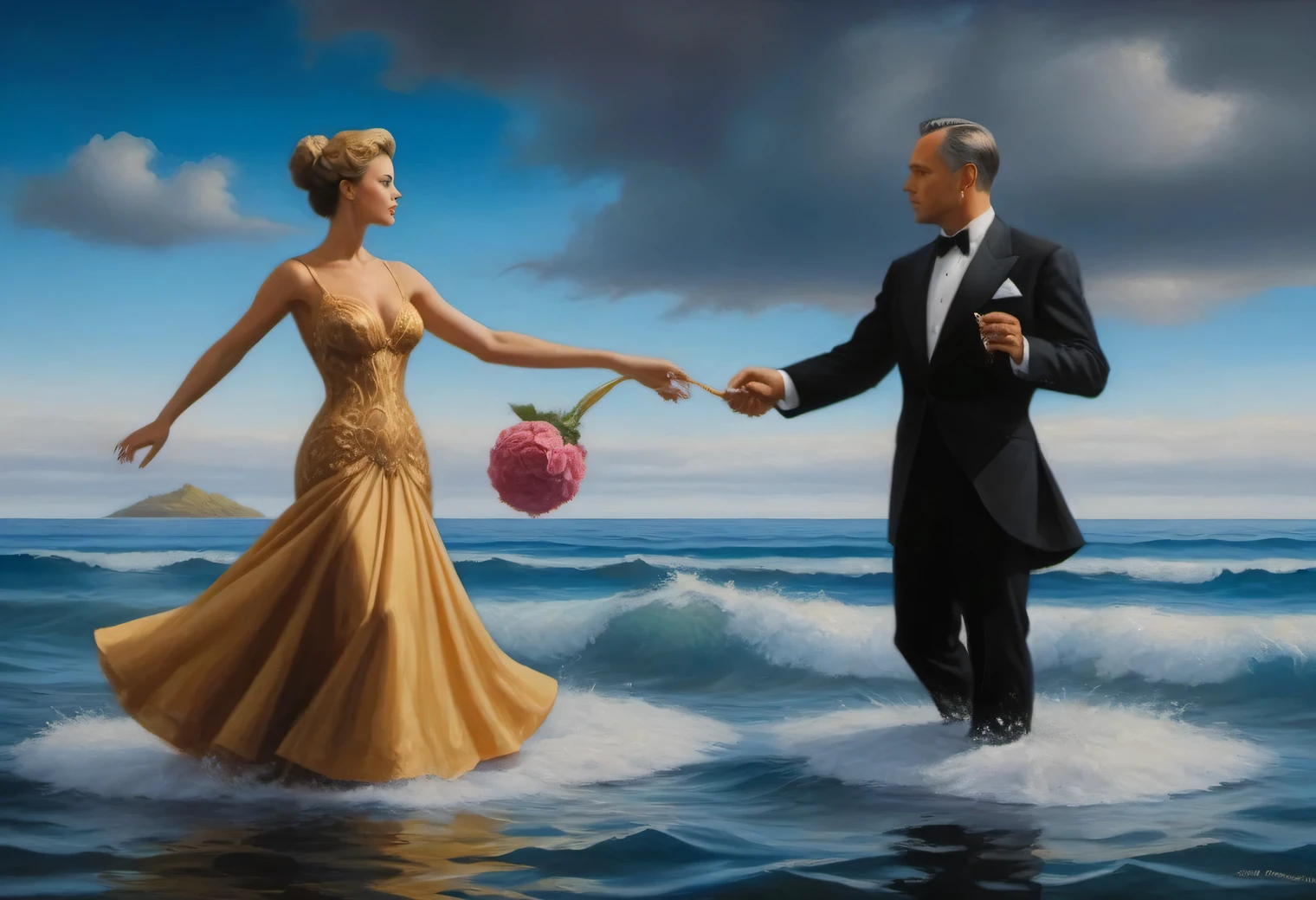 Pintura al óleo sobre lienzo del artista Jim Burns., imagen surrealista, un hombre y una mujer con un vestido lujoso bailan un vals a lo largo de la superficie del mar, Alto detalle, Una alta resolución, Surrealism, Cumplimiento total del estilo “Sobre la superficie del mar”.