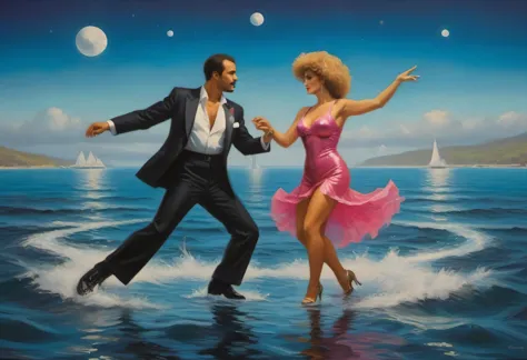 Oil painting on canvas in the style of artist Karl Hilgers., Surreal Image, a man and a woman in 80s disco costumes dance a disc...