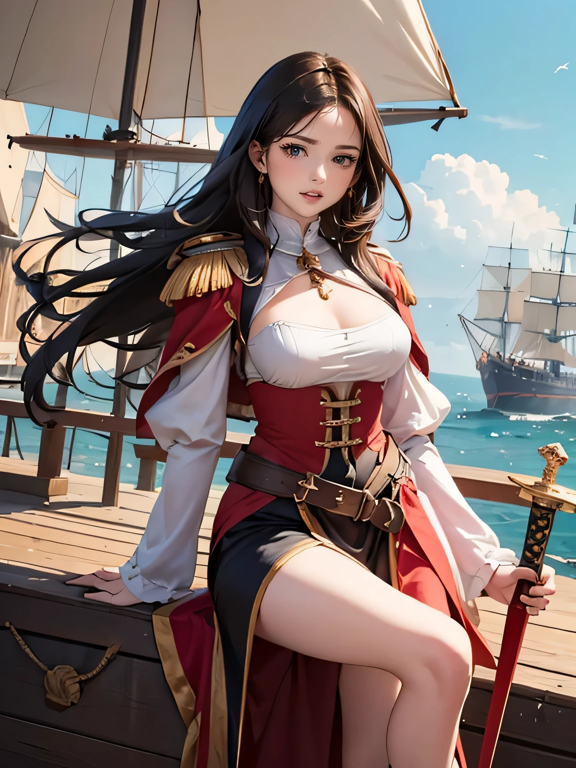 ((medieval world)), (noble's daughter who became a adventurer with an old lieutenant, medieval European aristocratic dress, breasts, she has a long westerner sword), on the deck of a medieval large galleon that was made of woods during the Age of Discovery in the Middle Ages, windy, a lot of cargo, standing and spread legs, smiling, 