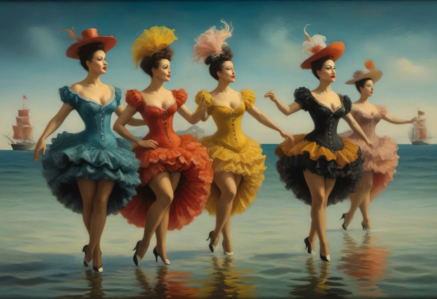 oil painting on canvas, Surreal Image, 5 women in cabaret costumes from 1825 dancing cancan On the surface of the sea, High detail, A high resolution, Surrealism, Inspired by (Pavel Kuchinsky:1.345), (Varus means:1.225), (Peter Mohrbacher:1.215), (Yves Tanguy:1.345), On the surface of the sea, dance On the surface of the sea