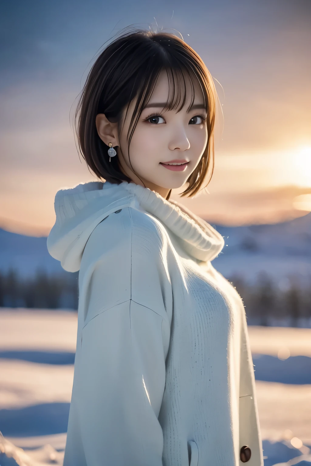 1 girl, (Winter clothes:1.2), beautiful japanese actress, 
Looks great in photos, Yukihime, long eyelashes, snowflake earrings,
(Raw photo, highest quality), (reality, realistic:1.4), (pieces fly), 
detailed and beautiful eyes, beautiful detailed lips, highly detailed eyes and face, 
Blake is
 (Frozen snow field in winter Lapland), (The last vestiges of the twilight sky:1.4), 
mysterious beauty, snow covered tree, powder snow, 
Snowy field landscape at dusk, 
Indigo and dark vermilion color scheme, dramatic lighting, great atmosphere, 
Blake is 
Perfect Anatomy, Whole body slender, small breasts, (short hair:1.3), Angel&#39;the smile of, 
crystal-like skin, make eyes clear, catch light