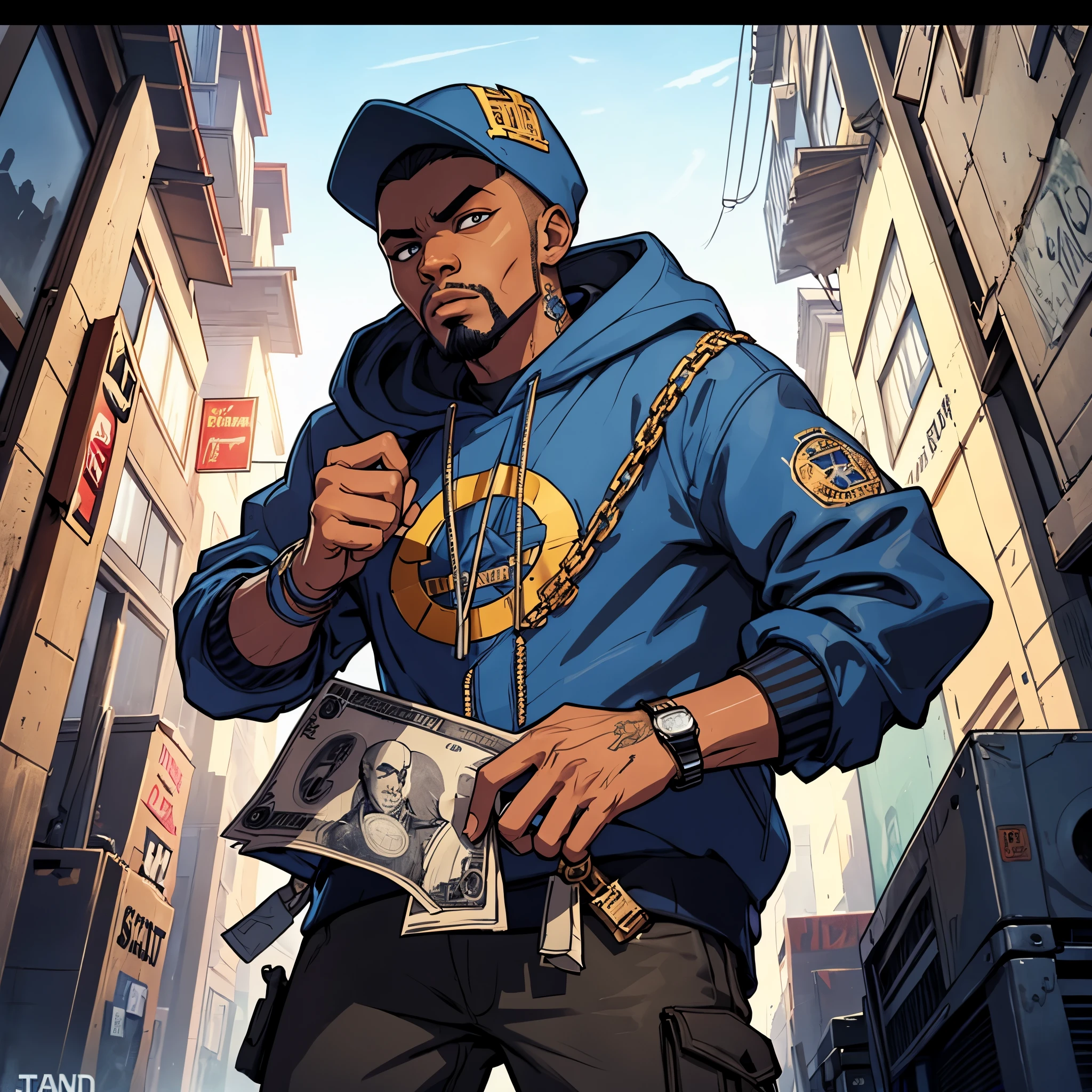 a drawing of a man  jacket holding a pile of money, concept art by Bascove, instagram, realism, paid artwork, rap album cover art, crips, rap album cover, crips details, lowres, rap bling, in a hood, high quality artwork, hip - hop album art cover, scribbled, hip hop album cover art