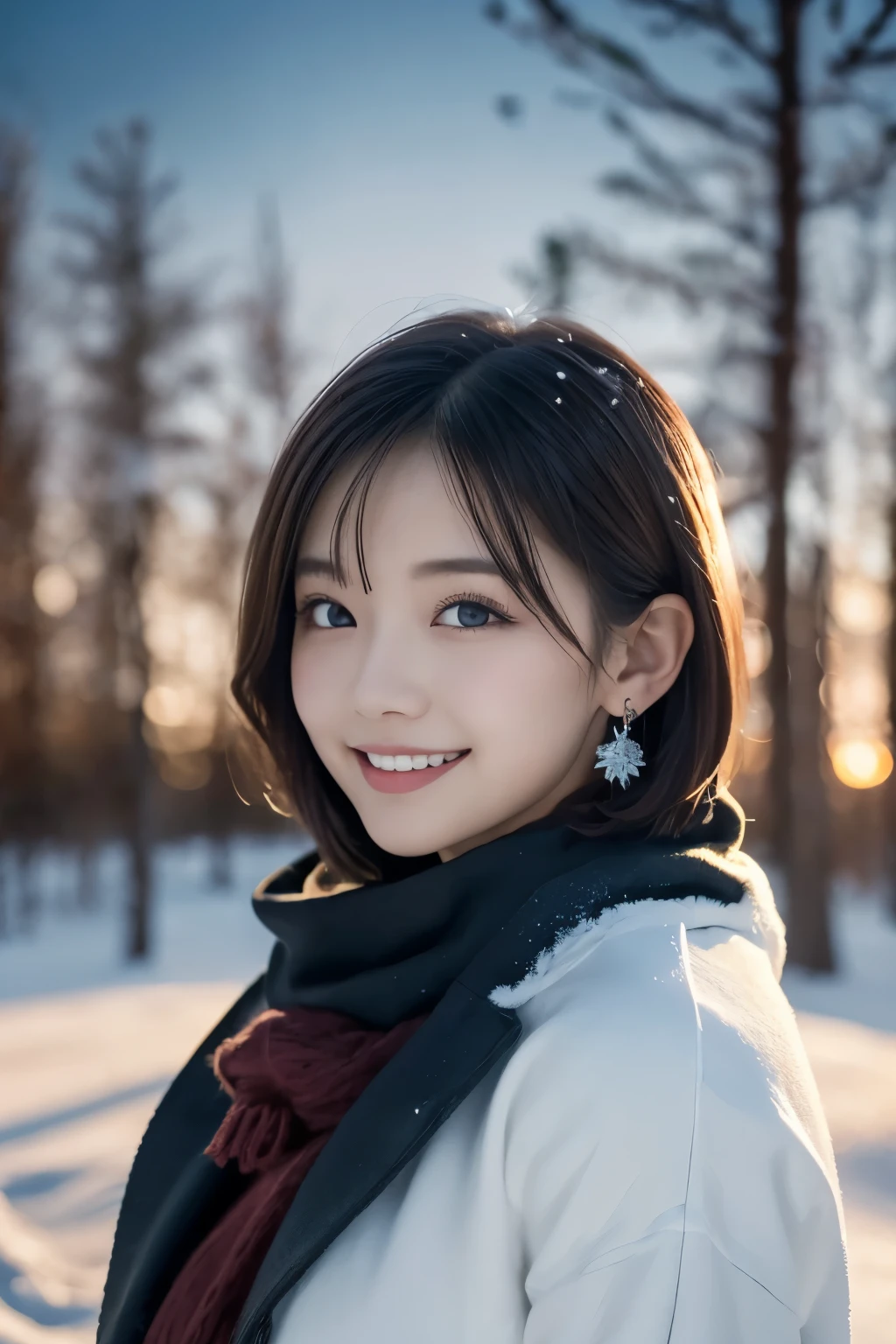 1 girl, (Winter clothes:1.2), beautiful japanese actress, 
Looks great in photos, Yukihime, long eyelashes, snowflake earrings,
(Raw photo, highest quality), (reality, realistic:1.4), (pieces fly), 
detailed and beautiful eyes, beautiful detailed lips, highly detailed eyes and face, 
Blake is
 (Frozen snow field in winter Lapland), (The last vestiges of the twilight sky:1.4), 
mysterious beauty, snow covered tree, powder snow, 
Snowy field landscape at dusk, 
Indigo and dark vermilion color scheme, dramatic lighting, great atmosphere, 
Blake is 
Perfect Anatomy, Whole body slender, small breasts, (short hair:1.3), Angel&#39;the smile of, 
crystal-like skin, make eyes clear, catch light