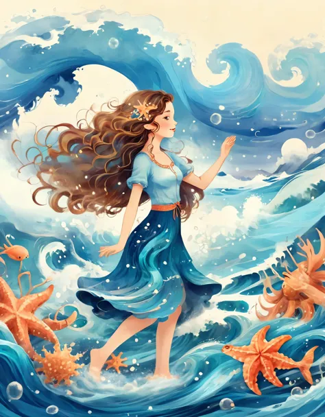 Digital illustration art, a beautiful girl dancing in the waves, twirling, undulating, extra long hair decorated with blue waves...