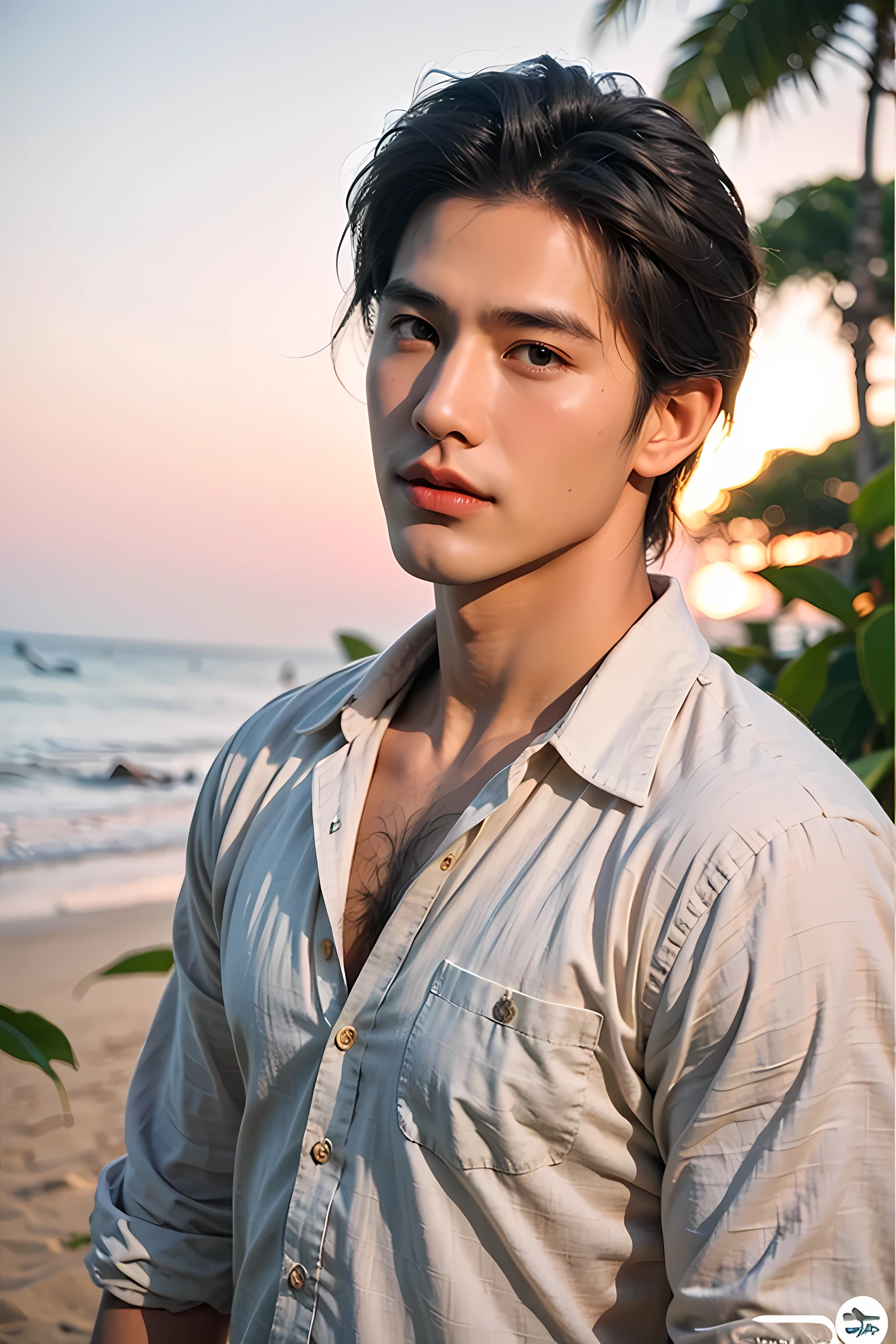 Реалистичная фотография, Красивый тайский мужчина ,пляж