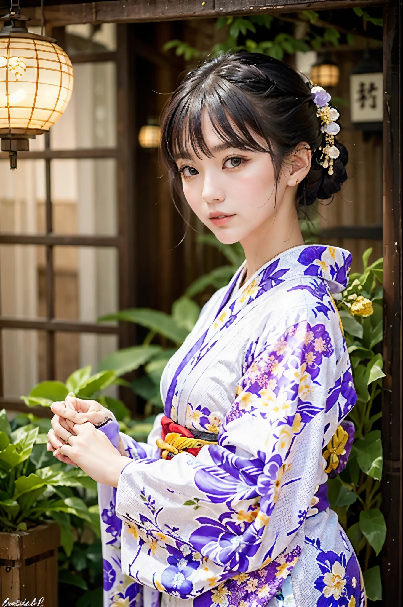 (16k), (de la máxima calidad: 1.2), (Realista), (Realista: 1.37), súper detallado, Iluminación profesional, Versión de referencia, Mujer Araffe con kimono blanco con bolso morado y bolso morado, kimono, yukata elegante, kimono, Kimono Real, yukata, haori, vistiendo kimono japonés, Estilo japones, Vistiendo un yukata colorido, kimono femenino de color pálido, kimono, mujeres japonesas, japonés tradicional