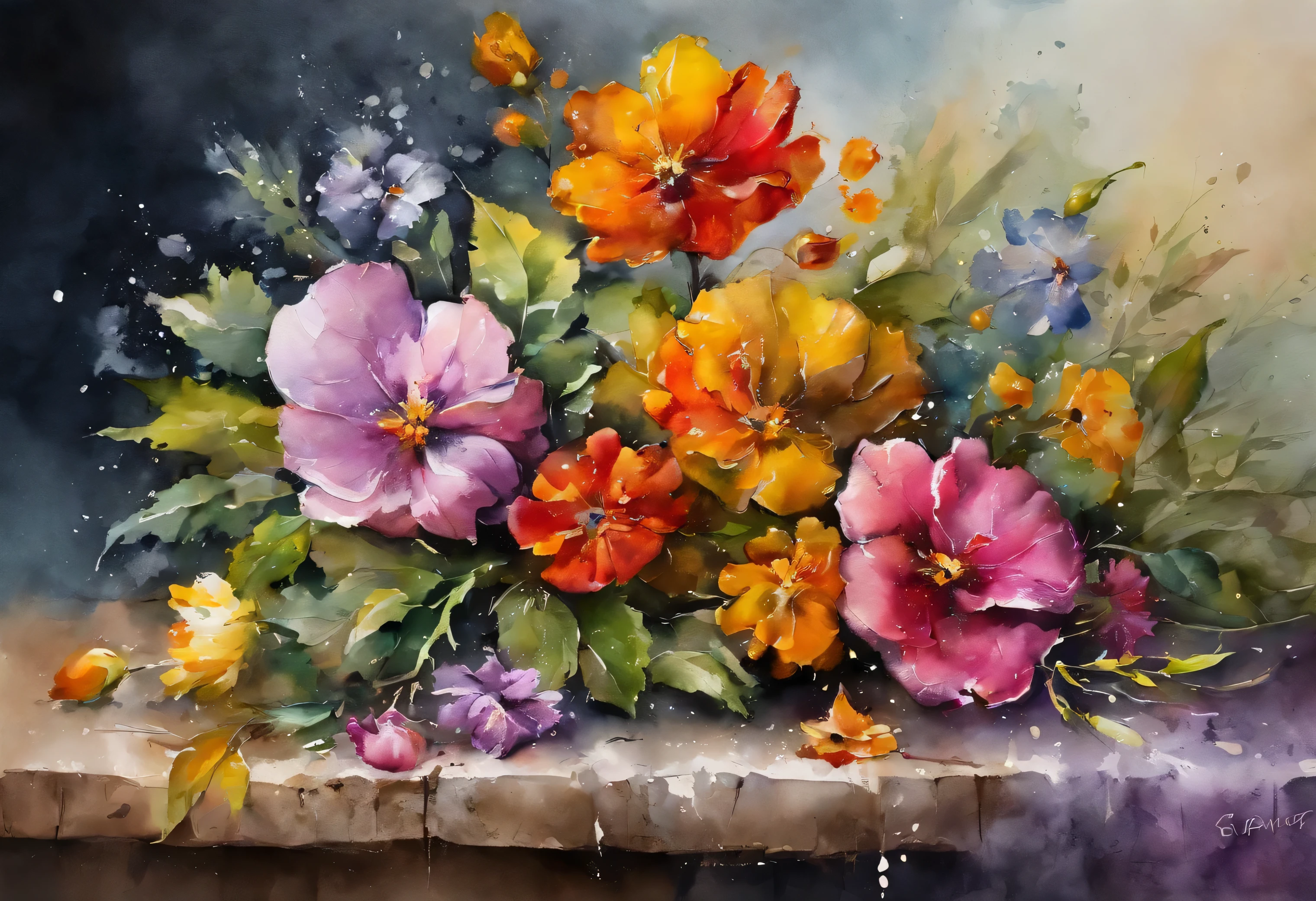 Painting of a bunch of flowers on a ledge with watercolor paint - SeaArt AI