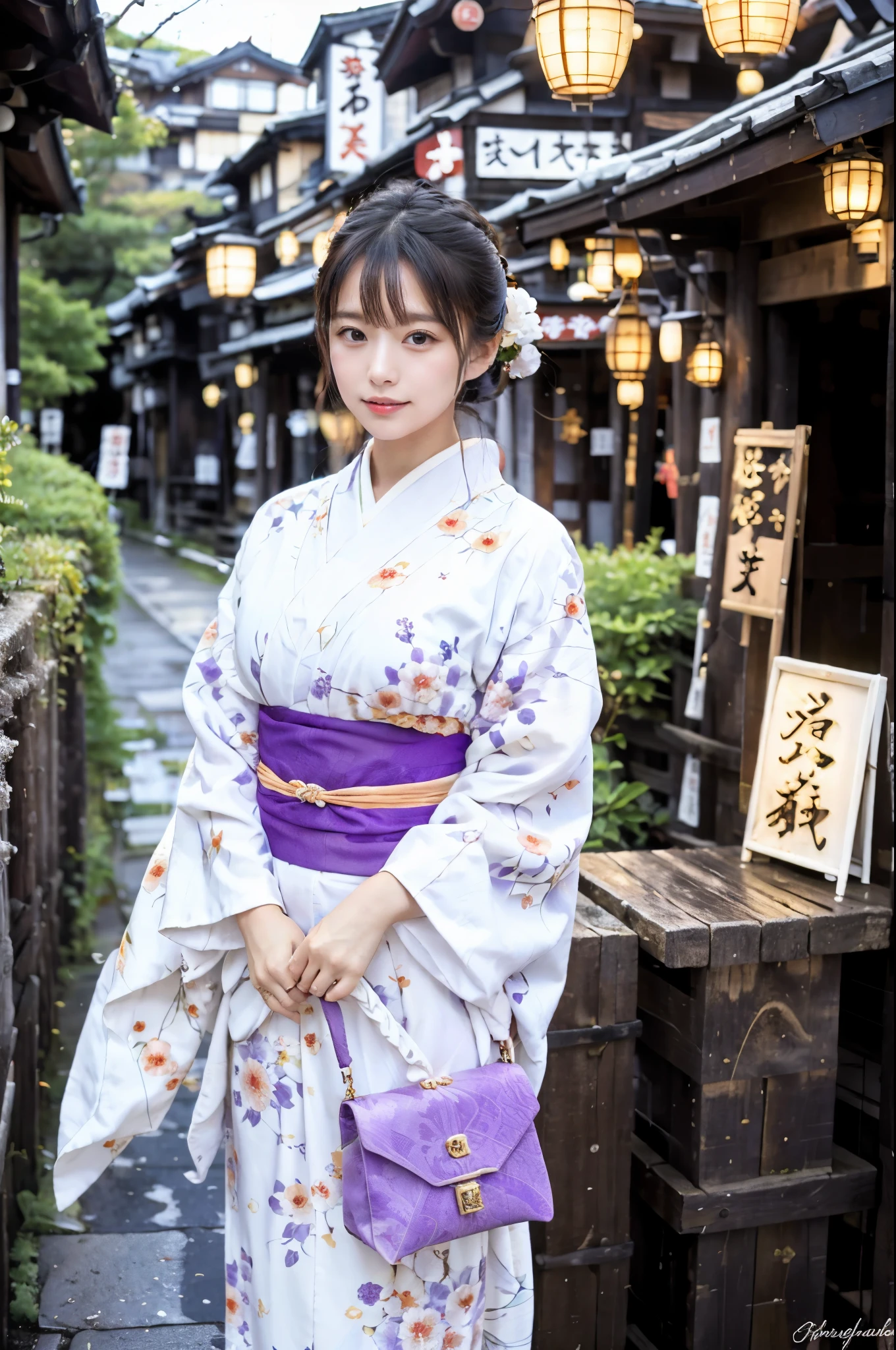 (16k), (la plus haute qualité: 1.2), (réaliste), (réaliste: 1.37), Super détaillé, éclairage professionnel, version réf., Femme Araffe en kimono blanc avec sac à main violet et sac à main violet, kimono, elegant Yukata, kimono, kimono royal, Yukata, Haori, porter un kimono japonais, Style japonais, Wearing a colorful Yukata, kimono de couleur pâlefemme, kimono, Femmes japonaises, japonais traditionnel