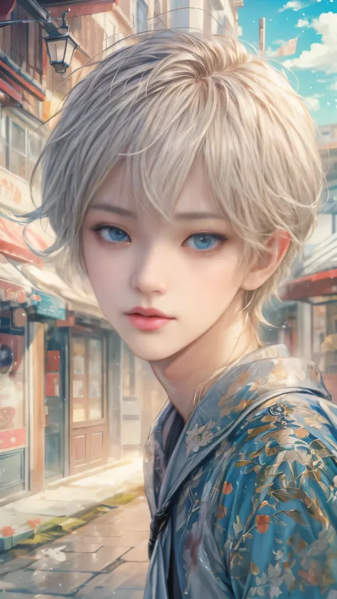 anime boy with blue eyes and blonde hair in a street, artwork in the style of guweiz, guweiz, stunning anime face portrait, beau...