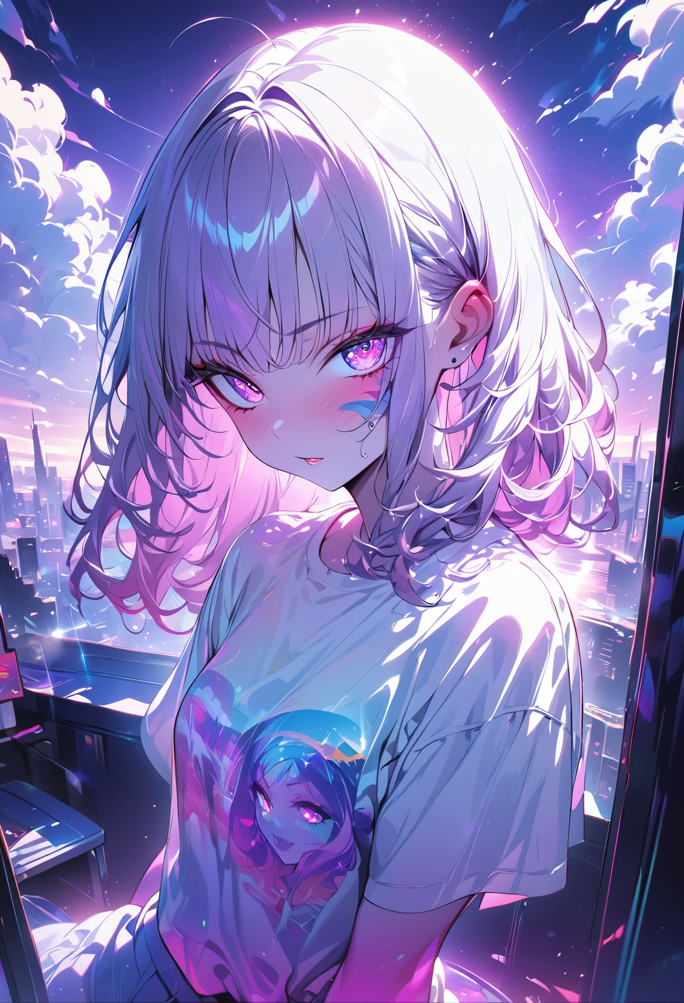 1 girl, Colorful theme, synthwave sky,(best quality, high quality, High resolution), actual, Super detailed, Highly detailed facial features, Ridiculous,  actual lighting and reflections, Highly detailed facial features, see through shirt, best photos,high quality illustration