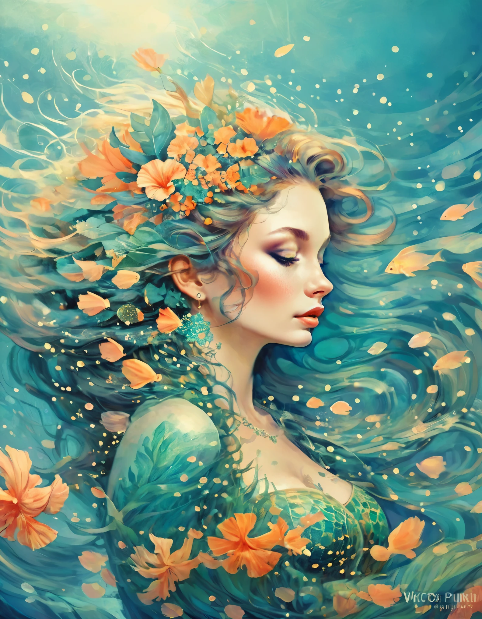 Tropical Island Mermaid by Victo Ngai and Anna Dittmann, flowerpunk, serene stylized, ocean, ukiyo-e, beksinski, leonid afremov 