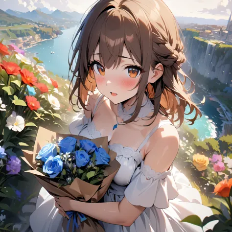 1girl，brown hair，corolla、have a bouquet、white dress、woman wearing a dress、flower garden、masterpiece、highest quality、detailed、8k、...