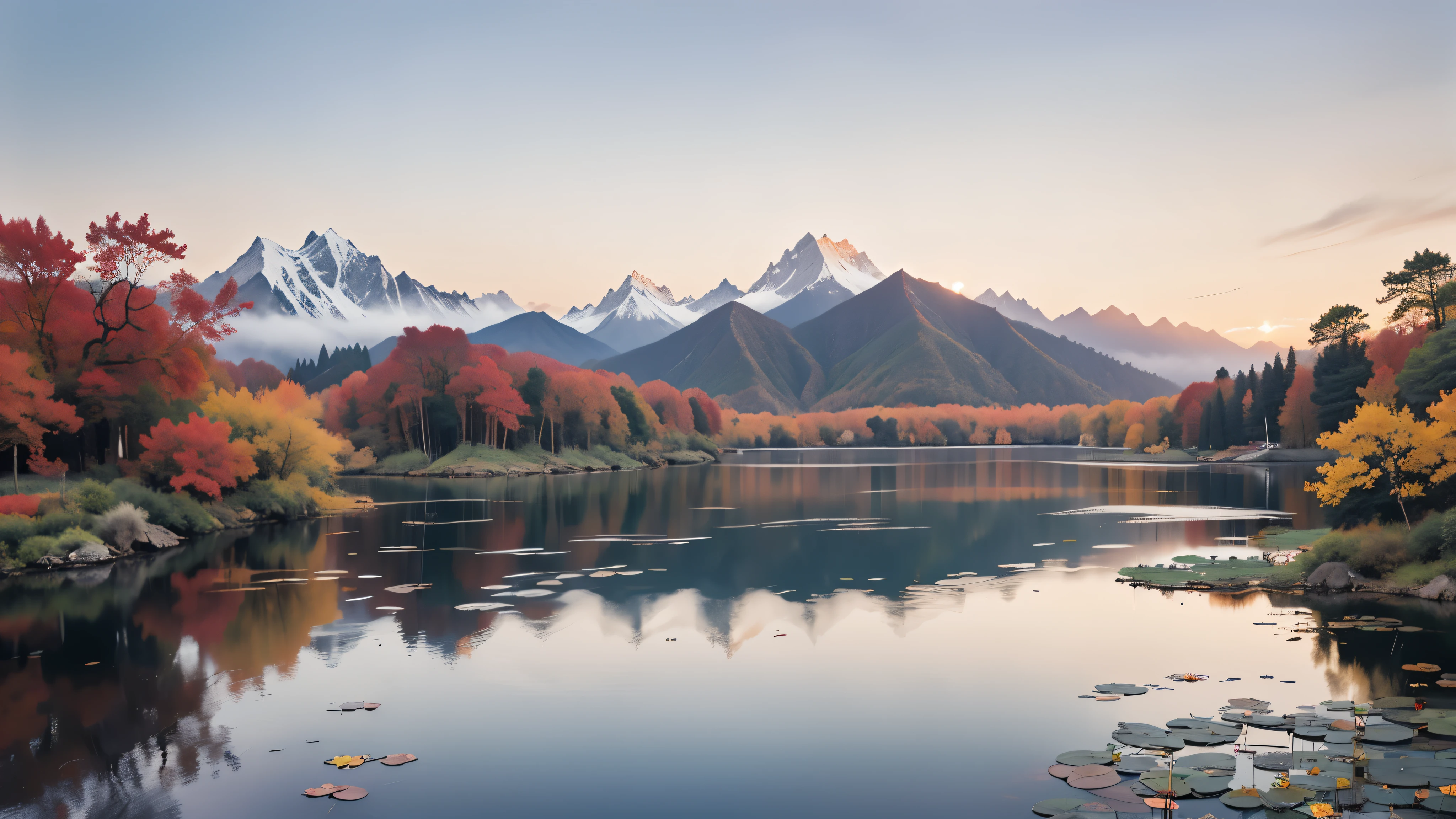 (tmasterpiece，best qualtiy：1.2）， Autumn scene, Red maple forest，Lotus leaf，lotuses，Distant mountains，Sunset Dusk，The composition is minimalist，exteriors，UHD resolution，realisticlying，Very realistic