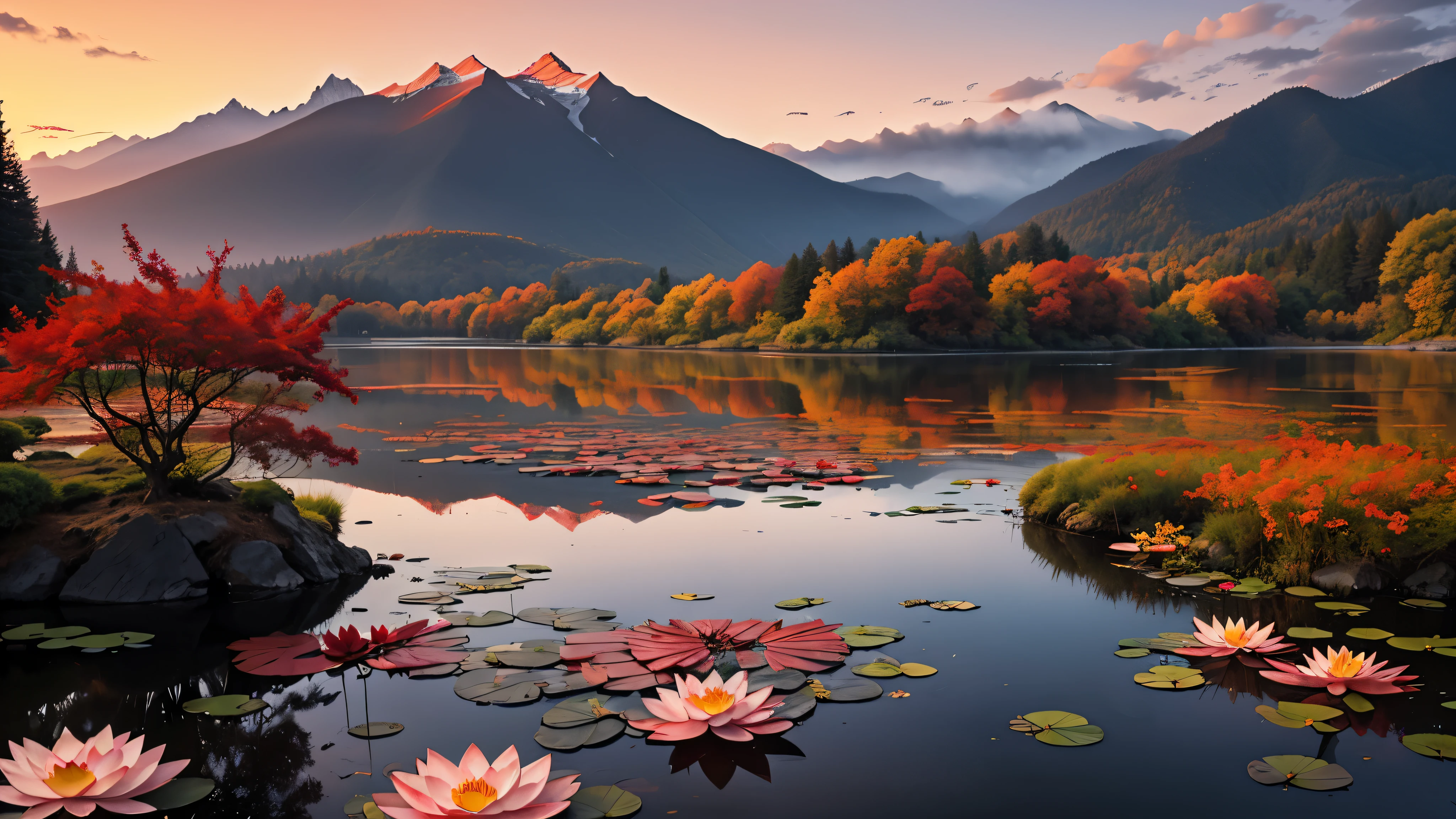 (tmasterpiece，best qualtiy：1.2）， Autumn scene, Red maple forest，Lotus leaf，lotuses，Distant mountains，Sunset Dusk，The composition is minimalist，exteriors，UHD resolution，realisticlying，Very realistic